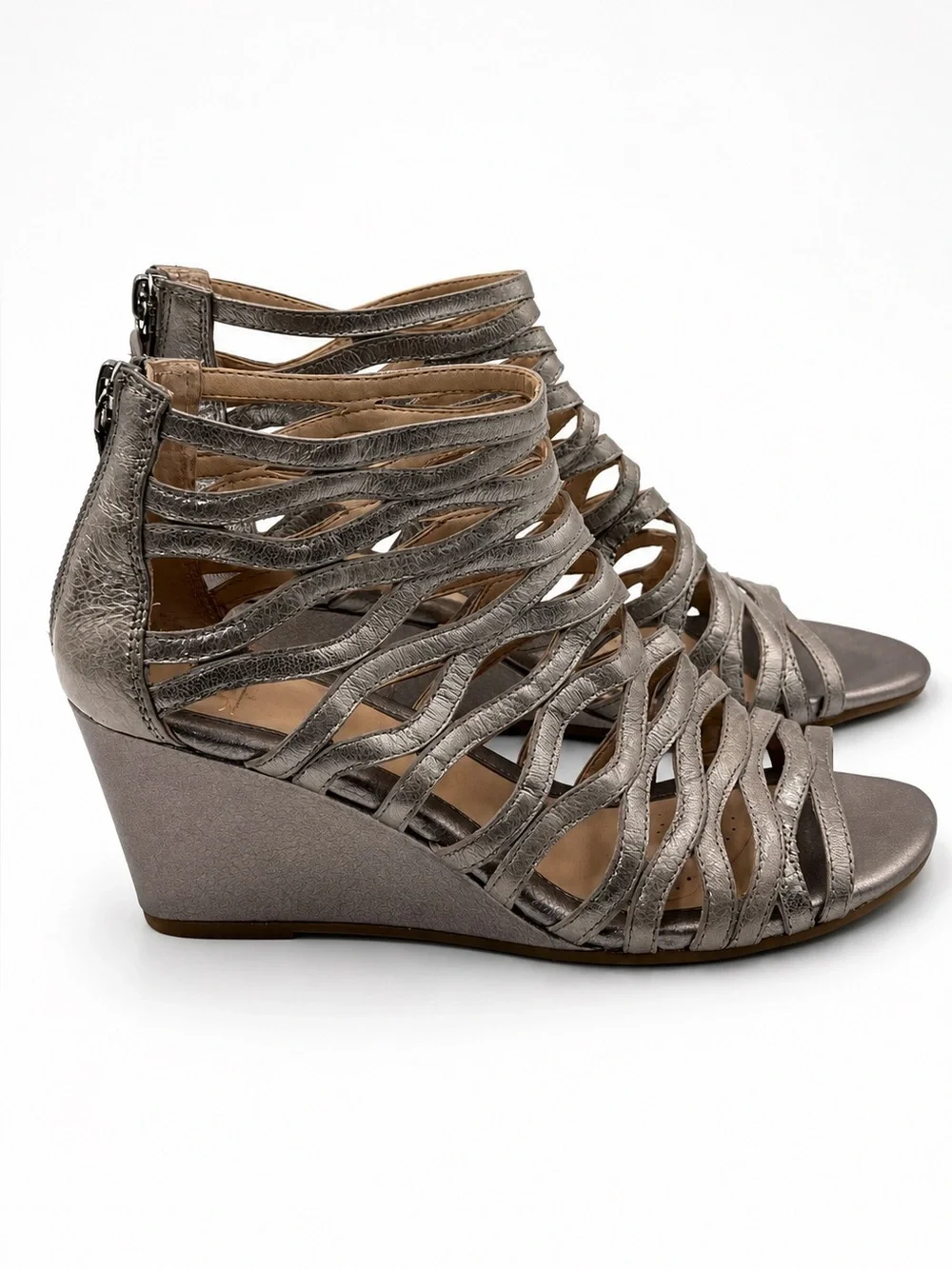 Sofft Francesca Gladiator Wedge Sandals Metallic Pewter Strappy Comfort 8.5 Zip
